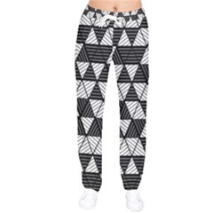 Black And White Triangles Pattern Women Velvet Drawstring Pants by SpinnyChairDesigns