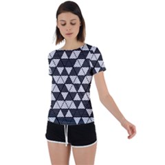 Black And White Triangles Pattern Back Circle Cutout Sports Tee by SpinnyChairDesigns