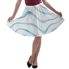 Faded Denim Blue Abstract Stripes On White A-line Skater Skirt by SpinnyChairDesigns