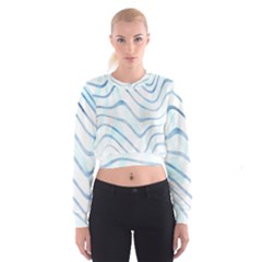 Faded Denim Blue Abstract Stripes On White Cropped Sweatshirt by SpinnyChairDesigns