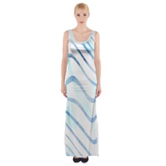 Faded Denim Blue Abstract Stripes On White Thigh Split Maxi Dress by SpinnyChairDesigns