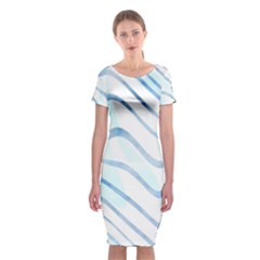 Faded Denim Blue Abstract Stripes On White Classic Short Sleeve Midi Dress by SpinnyChairDesigns