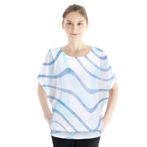 Faded Denim Blue Abstract Stripes On White Batwing Chiffon Blouse by SpinnyChairDesigns