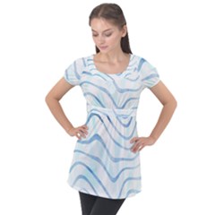 Faded Denim Blue Abstract Stripes On White Puff Sleeve Tunic Top by SpinnyChairDesigns