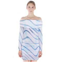 Faded Denim Blue Abstract Stripes On White Long Sleeve Off Shoulder Dress by SpinnyChairDesigns