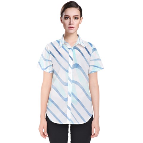 Faded Denim Blue Abstract Stripes On White Women s Short Sleeve Shirt by SpinnyChairDesigns