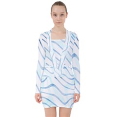 Faded Denim Blue Abstract Stripes On White V-neck Bodycon Long Sleeve Dress by SpinnyChairDesigns