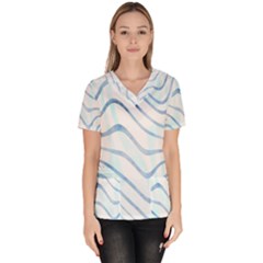 Faded Denim Blue Abstract Stripes On White Women s V-neck Scrub Top by SpinnyChairDesigns