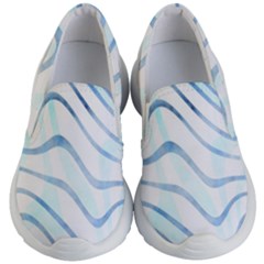 Faded Denim Blue Abstract Stripes On White Kids Lightweight Slip Ons by SpinnyChairDesigns