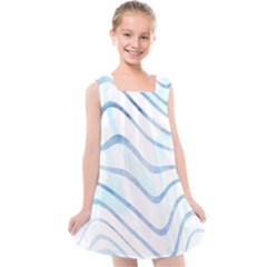 Faded Denim Blue Abstract Stripes On White Kids  Cross Back Dress by SpinnyChairDesigns