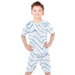 Faded Denim Blue Abstract Stripes On White Kids  Tee And Shorts Set by SpinnyChairDesigns