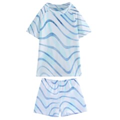 Faded Denim Blue Abstract Stripes On White Kids  Swim Tee And Shorts Set by SpinnyChairDesigns