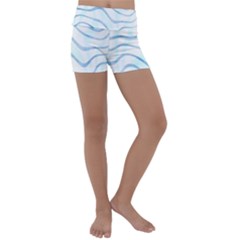 Faded Denim Blue Abstract Stripes On White Kids  Lightweight Velour Yoga Shorts by SpinnyChairDesigns