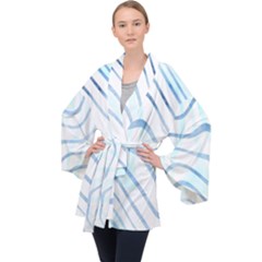 Faded Denim Blue Abstract Stripes On White Long Sleeve Velvet Kimono  by SpinnyChairDesigns