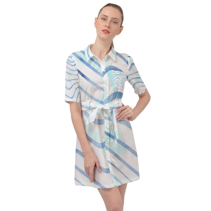 Faded Denim Blue Abstract Stripes on White Belted Shirt Dress