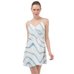 Faded Denim Blue Abstract Stripes On White Summer Time Chiffon Dress by SpinnyChairDesigns