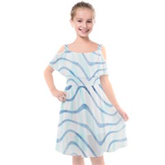 Faded Denim Blue Abstract Stripes On White Kids  Cut Out Shoulders Chiffon Dress by SpinnyChairDesigns