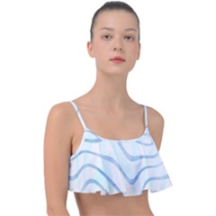 Faded Denim Blue Abstract Stripes On White Frill Bikini Top by SpinnyChairDesigns