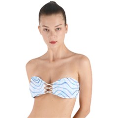 Faded Denim Blue Abstract Stripes On White Twist Bandeau Bikini Top by SpinnyChairDesigns