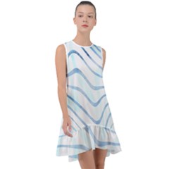 Faded Denim Blue Abstract Stripes On White Frill Swing Dress by SpinnyChairDesigns