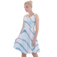 Faded Denim Blue Abstract Stripes On White Knee Length Skater Dress by SpinnyChairDesigns