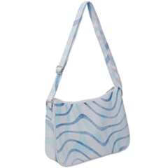 Faded Denim Blue Abstract Stripes On White Zip Up Shoulder Bag by SpinnyChairDesigns