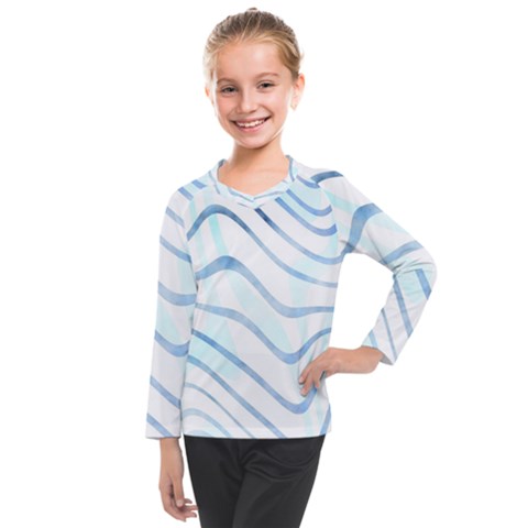 Faded Denim Blue Abstract Stripes On White Kids  Long Mesh Tee by SpinnyChairDesigns