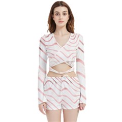 Pink Abstract Stripes On White Velvet Wrap Crop Top by SpinnyChairDesigns