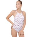 Pink Abstract Stripes on White High Neck One Piece Swimsuit View1