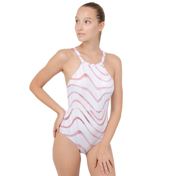 Pink Abstract Stripes on White High Neck One Piece Swimsuit