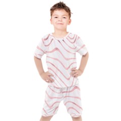 Pink Abstract Stripes On White Kids  Tee And Shorts Set by SpinnyChairDesigns