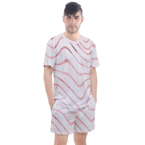 Pink Abstract Stripes On White Men s Mesh Tee And Shorts Set by SpinnyChairDesigns