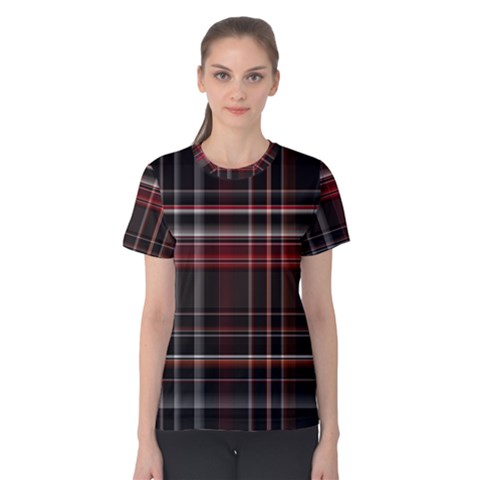 Red Black White Plaid Stripes Women s Cotton Tee by SpinnyChairDesigns