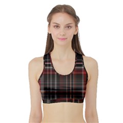 Red Black White Plaid Stripes Sports Bra With Border by SpinnyChairDesigns