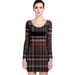 Red Black White Plaid Stripes Long Sleeve Velvet Bodycon Dress by SpinnyChairDesigns