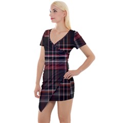 Red Black White Plaid Stripes Short Sleeve Asymmetric Mini Dress by SpinnyChairDesigns