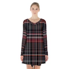 Red Black White Plaid Stripes Long Sleeve Velvet V-neck Dress by SpinnyChairDesigns