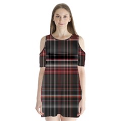 Red Black White Plaid Stripes Shoulder Cutout Velvet One Piece by SpinnyChairDesigns