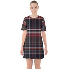 Red Black White Plaid Stripes Sixties Short Sleeve Mini Dress by SpinnyChairDesigns