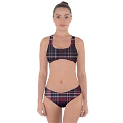 Red Black White Plaid Stripes Criss Cross Bikini Set by SpinnyChairDesigns