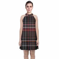 Red Black White Plaid Stripes Velvet Halter Neckline Dress  by SpinnyChairDesigns