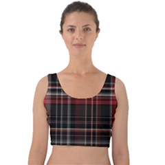 Red Black White Plaid Stripes Velvet Crop Top by SpinnyChairDesigns