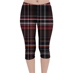 Red Black White Plaid Stripes Velvet Capri Leggings  by SpinnyChairDesigns