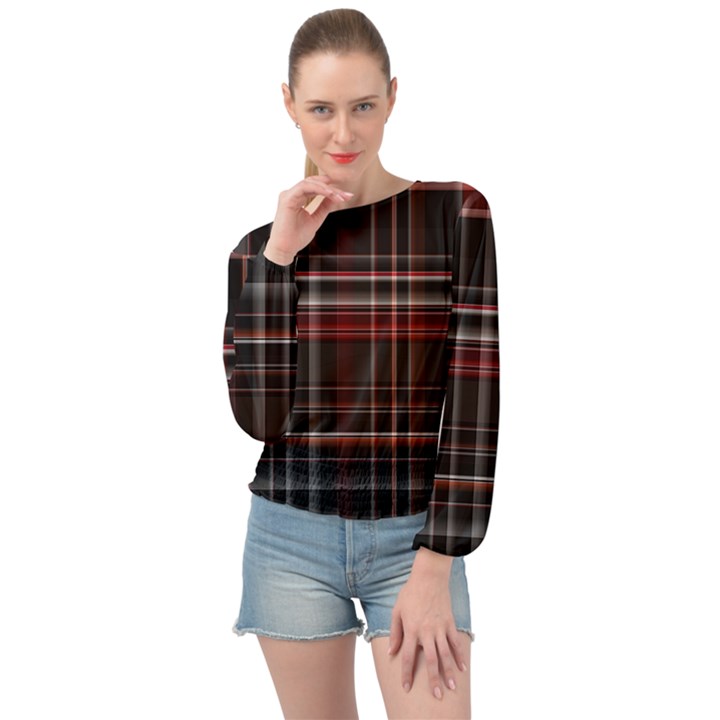 Red Black White Plaid Stripes Banded Bottom Chiffon Top