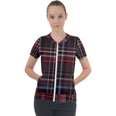 Red Black White Plaid Stripes Short Sleeve Zip Up Jacket by SpinnyChairDesigns