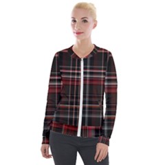 Red Black White Plaid Stripes Velour Zip Up Jacket by SpinnyChairDesigns