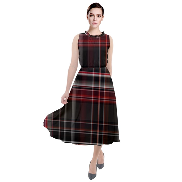 Red Black White Plaid Stripes Round Neck Boho Dress