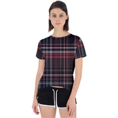 Red Black White Plaid Stripes Open Back Sport Tee by SpinnyChairDesigns