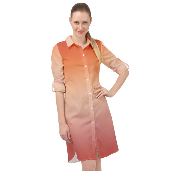 Vermilion Coral Sunset Gradient Ombre Long Sleeve Mini Shirt Dress