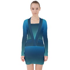 Blue Teal Green Gradient Ombre Colors V-neck Bodycon Long Sleeve Dress by SpinnyChairDesigns